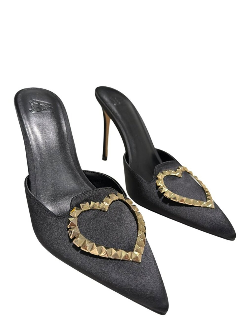 Aminah Muaddi Heart Heel Mule Black Pointed Toe Shoes Size 7.5M